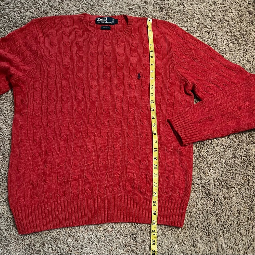 POLO RALPH LAUREN x Vintage 100% Silk Cable Knit Crew Sweater Red Heather Sz L - Picture 7 of 8